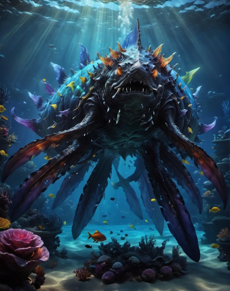 00062-rainbowdreamxl,close up of a rainbow leviethan deep sea polution monster chilling underwater,epic,trending on artstation,awardwi.png